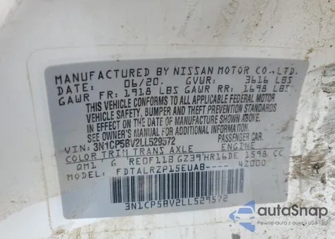 2020 Nissan Kicks S z USA, uszkodzony, nr VIN 3N1CP5BV2LL529572